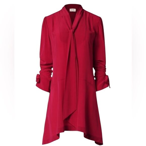 Joie Billie Silk Long Sleeve Bow Neck Dress in Persian Red | Size L - Picture 1 of 9